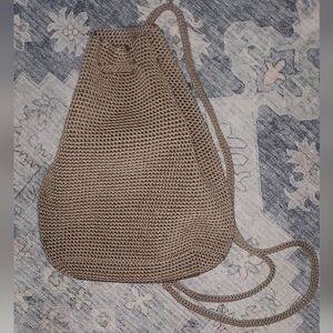 THE SAK Beige Crochet Shoulder Cinch Backpag Bag Medium Textile Tan